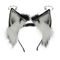 Вушка Неко Пухнасті Рухомі На Аккумуляторі з обручем чорно-білі (23770) - вид 1 мініатюра